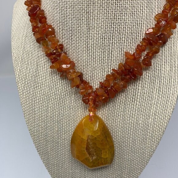 Amber Druzy Beaded Necklace Natural Statement Jewelry - Picture 8 of 12